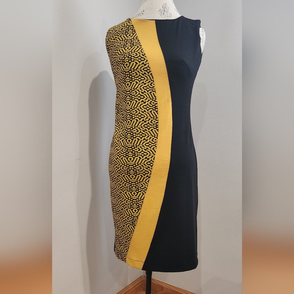 SOPHIE JAQUELINE Black and Yellow Patterned Stretchy Dress In Size M